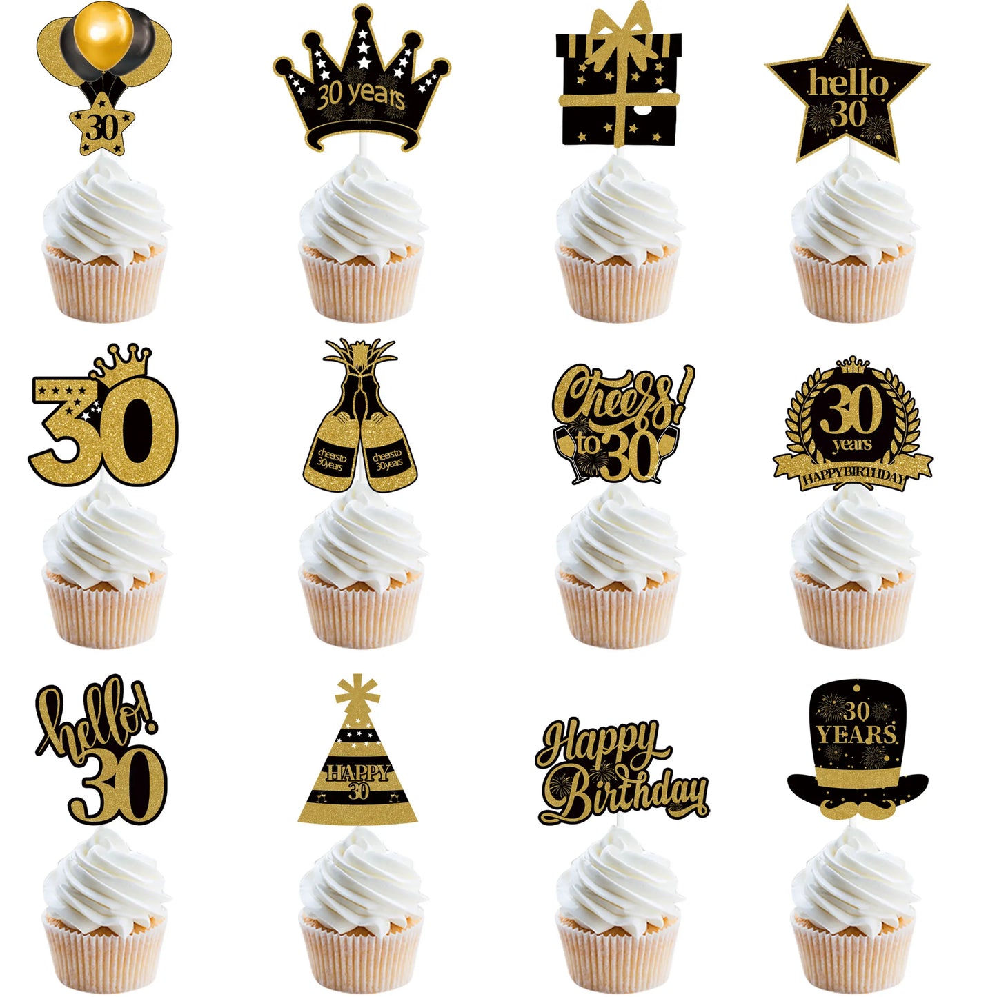 18 21 30 40 50 60 70 80th Black Gold Birthday Party Adult Cupcake Topper 30 40 50 Years Old Birthday Party Decor Anniversary