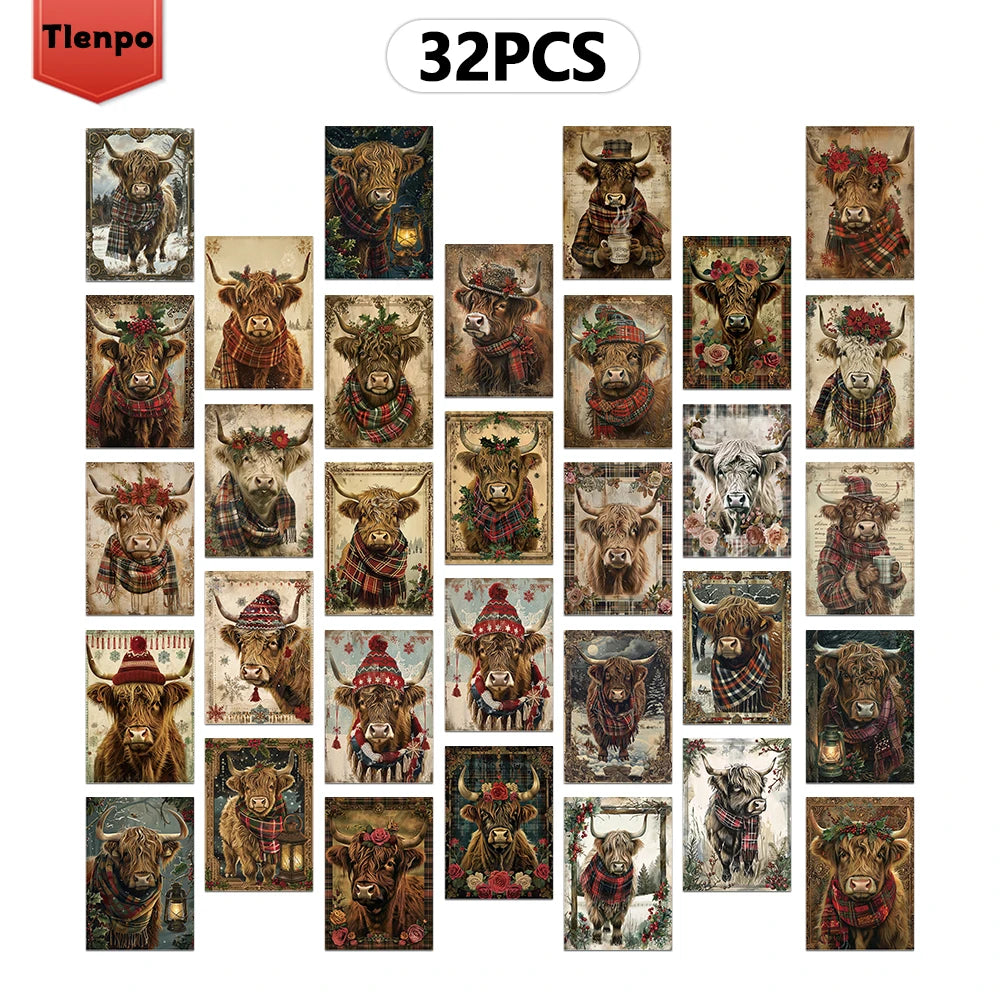 32pcs Christmas Highland Cow Postcards, Holiday Gifts,Bedroom Decor,Thick Cardstock,High Definition Printing,Collectible Cards