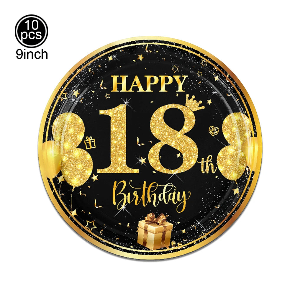 18th Birthday Party Supplies Black Gold 18th Birthday Plates Napkins Dinnerware for Boys Girls 18 Years Old Birthday Party Decor