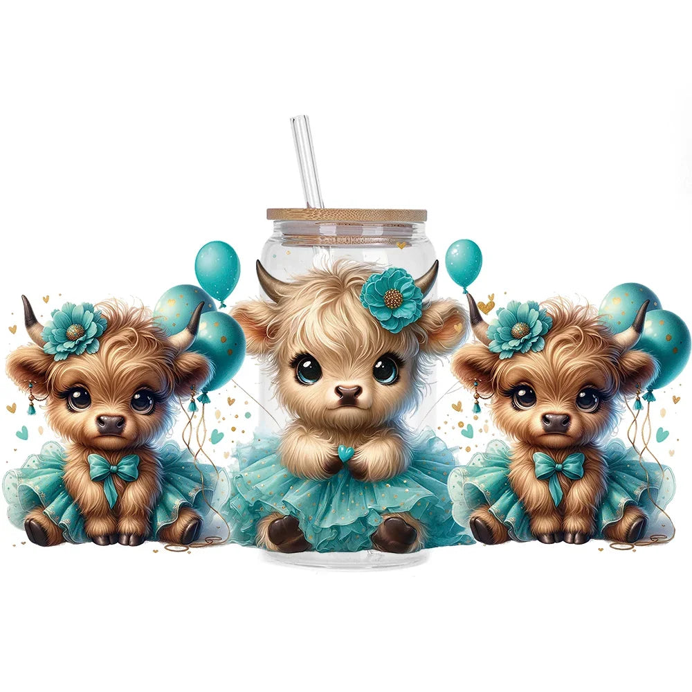 Highland Cattle Baby 16oz UV DTF Sticker Cup Personalize UV Wrap Label DIY Logo Self Adhesive Cow Design 3D Transfer Sticker