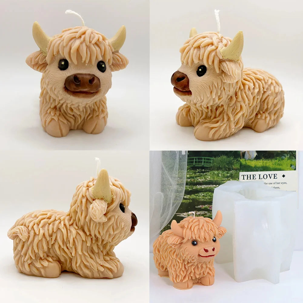 3D Highland Cow Silicone Mold Highland Yak Candle Mold Cute Animal Cattle Resin Concrete Cement Statue Art Mold Home Decor Tool
