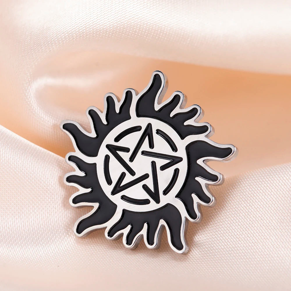 Dawapara Supernatural Anti Possession Symbol Brooch Pins Sunshine Pentagram Protection Amulet Stainless Steel Jewelry