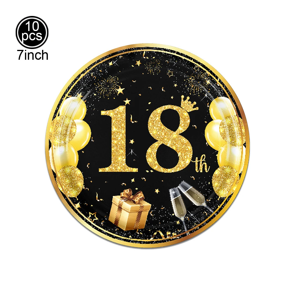 18th Birthday Decors for Boys Girls Black Gold Party Banner Balloon Tablecloth Plate Cup Napkin 18 Years Birthday Party Supplies