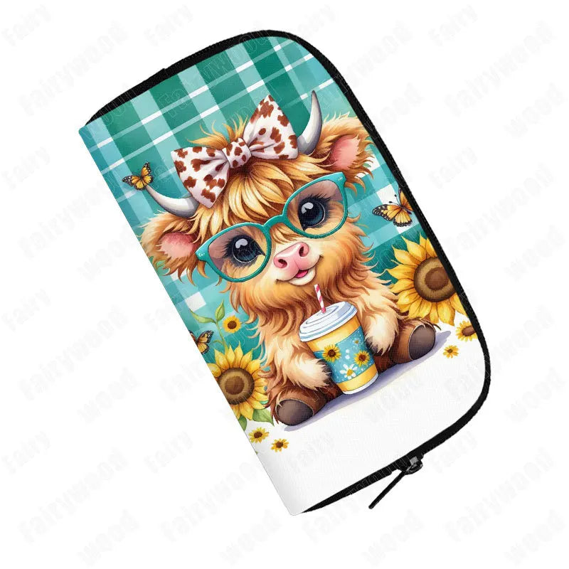 Highland Cow Print wallet Baby Scottish Highland Cows Having Coffee/ Bubble Tea Women Credit Card Holder Long Wallet Money Purse