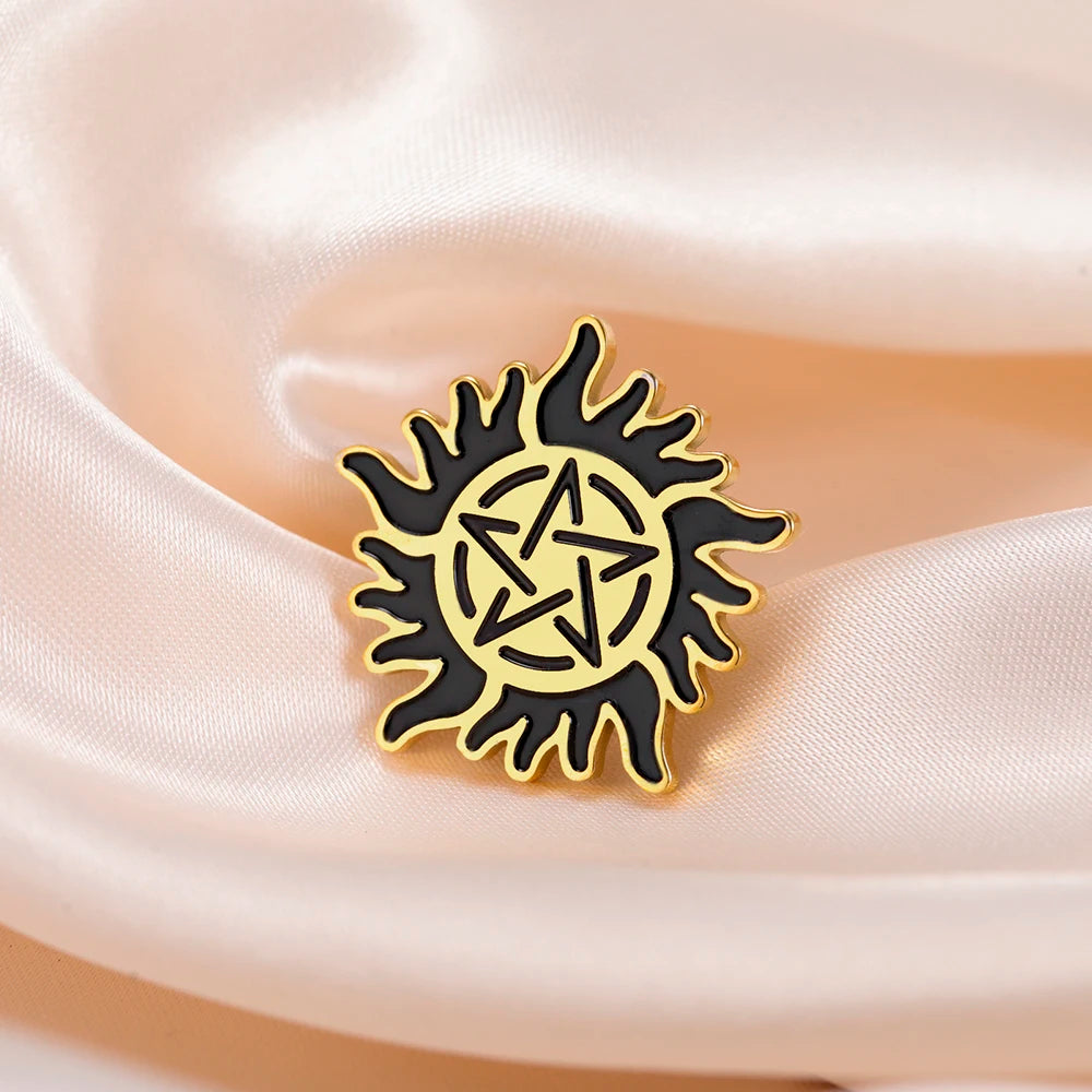Dawapara Supernatural Anti Possession Symbol Brooch Pins Sunshine Pentagram Protection Amulet Stainless Steel Jewelry