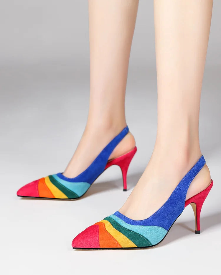 Summer New Rainbow Mixed Color 8cm High Heel Sandals  Women's French Pointed Shallow Mouth Runway Banquet Wedding Shoes size 43