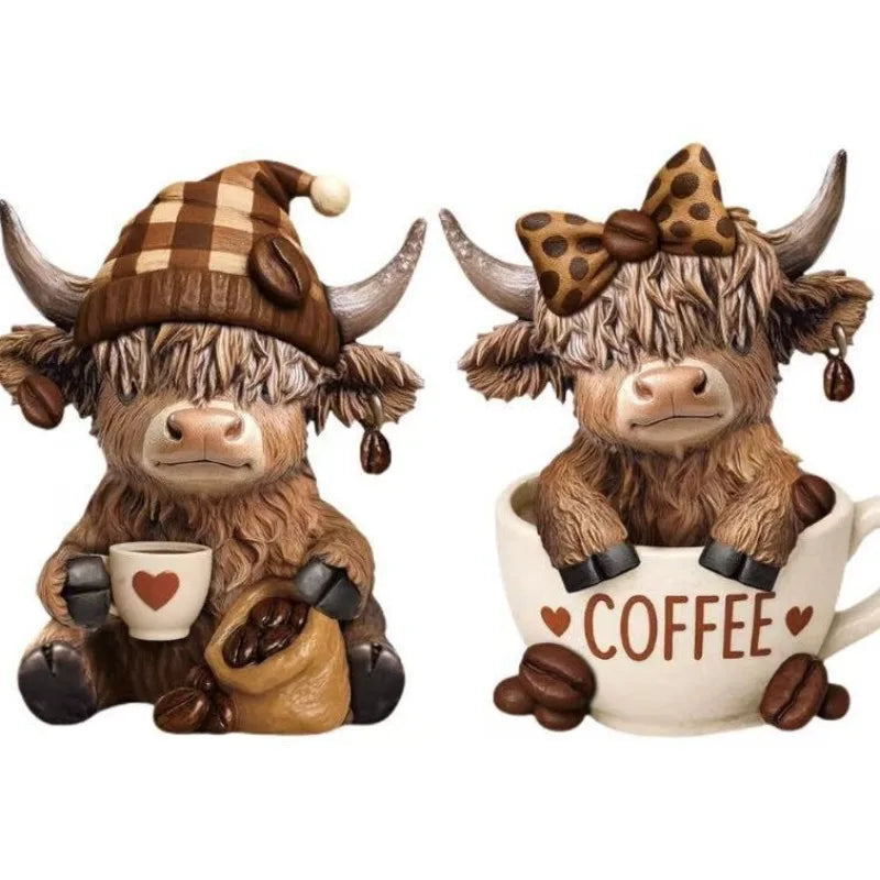 Scottish Highland Cow Statue Mini Cow Figurine Dwarf Resin Ornament Craft Miniatures Festive Christmas Gift Desk Home Decoration