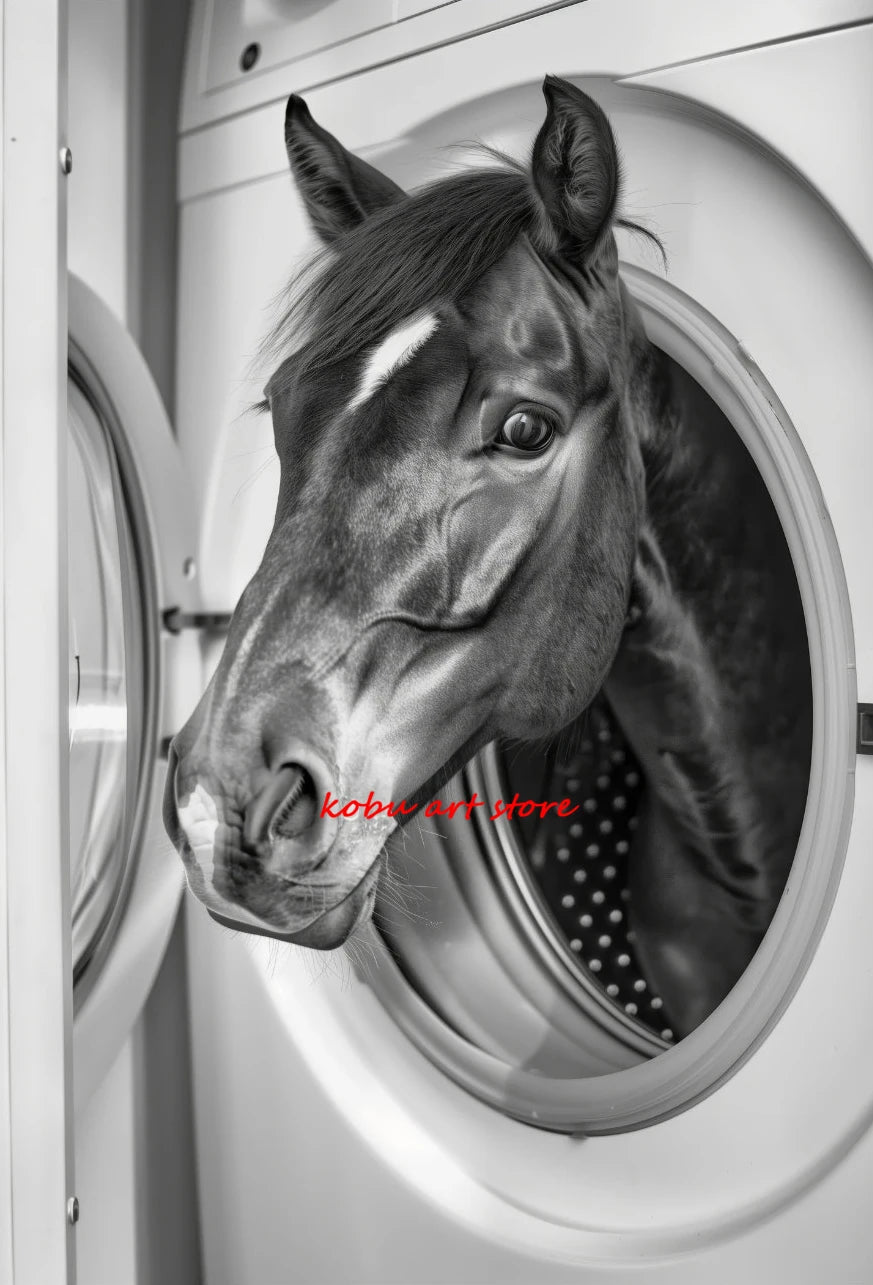 Bear Highland Cow Giraffe Animal in Washing Machine Poster Canvas Printing Wall Art Picture Fun Laundry Room Utility Room Decor