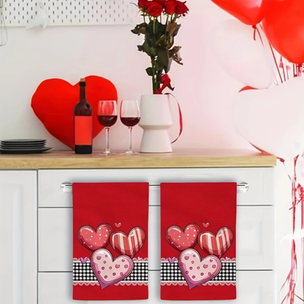 2 pieces of Valentine's Day heart-shaped kitchen towels - cute heart-shaped print, suitable for cooking, baking, dish drying