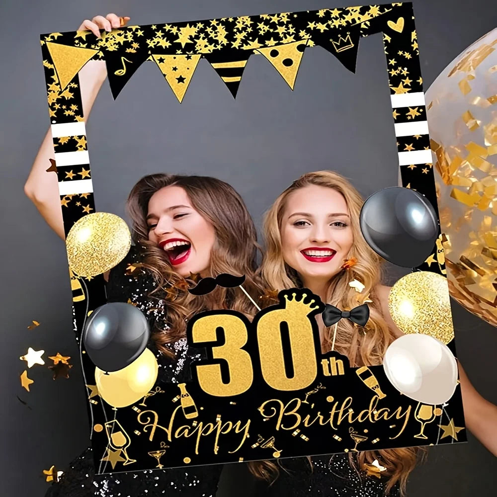 Black Gold Happy Birthday Photo Booth - 18, 21, 30, 40, 50, 60 years old. Party decoration supplies for people aged 70 and 80