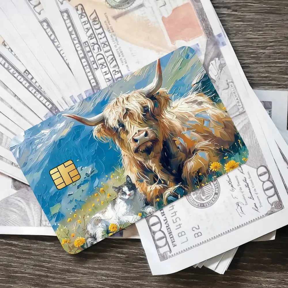 Cute Highland Cow Bank Credit Cards Bus Pass Stickers Cool Decoration Waterproof 4PCS Card