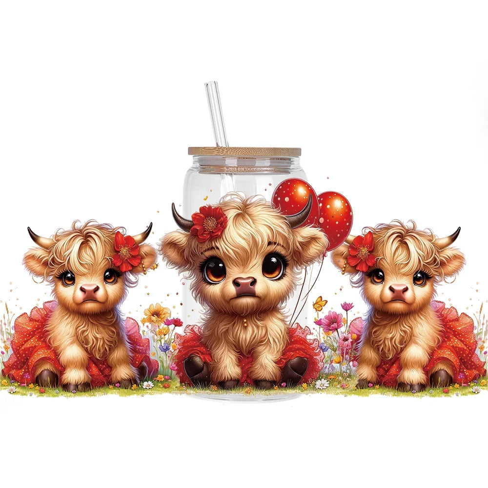 Highland Cattle Baby 16oz UV DTF Sticker Cup Personalize UV Wrap Label DIY Logo Self Adhesive Cow Design 3D Transfer Sticker