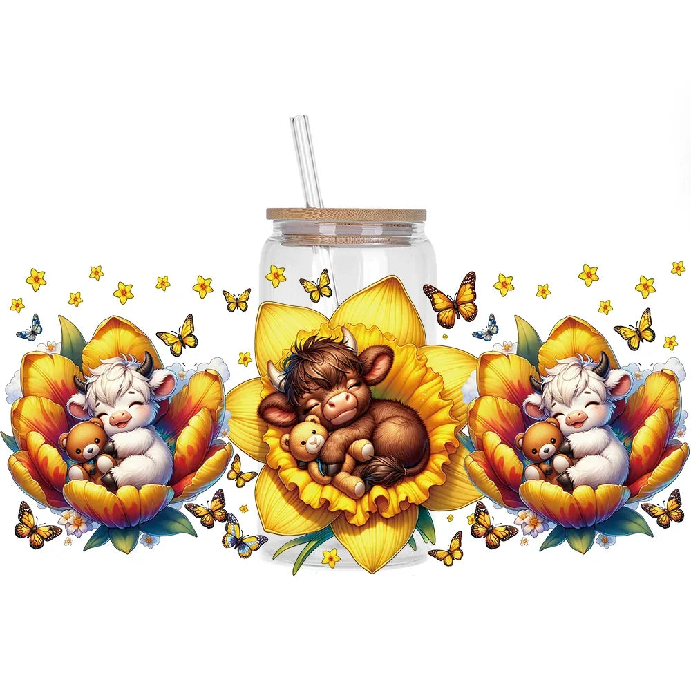 Highland Cattle Baby 16oz UV DTF Sticker Cup Personalize UV Wrap Label DIY Logo Self Adhesive Cow Design 3D Transfer Sticker