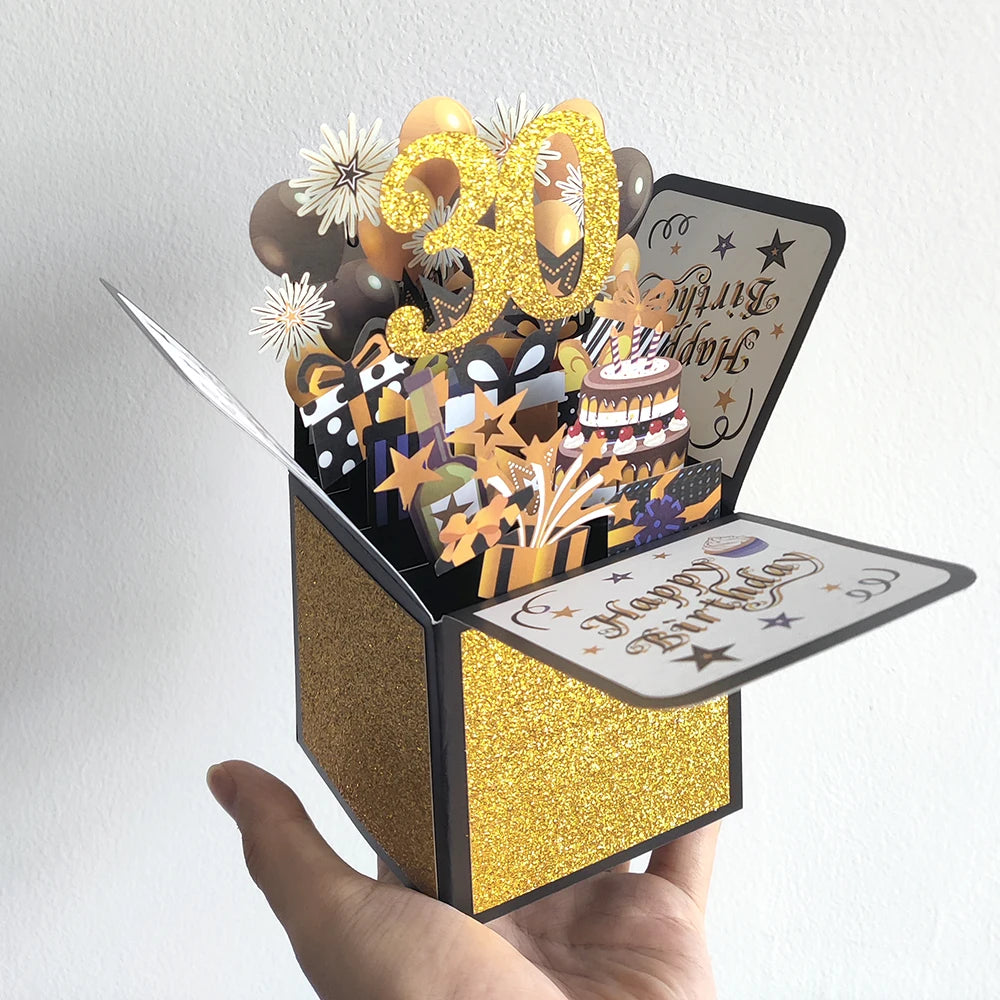 Black Golden Happy Birthday Pop Up Card 18th/30th/40th/50th/60th Birthday Card With Note Envelope Adult Birthday Gifts Greeting