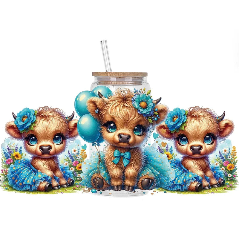 Highland Cattle Baby 16oz UV DTF Sticker Cup Personalize UV Wrap Label DIY Logo Self Adhesive Cow Design 3D Transfer Sticker