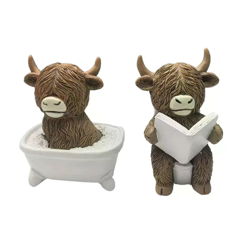 Cute Scottish Highland Cow Resin Figurines Funny Bathing & Reading Cow Statue Desk Decor For Home Bathroom Office Holiday Gift