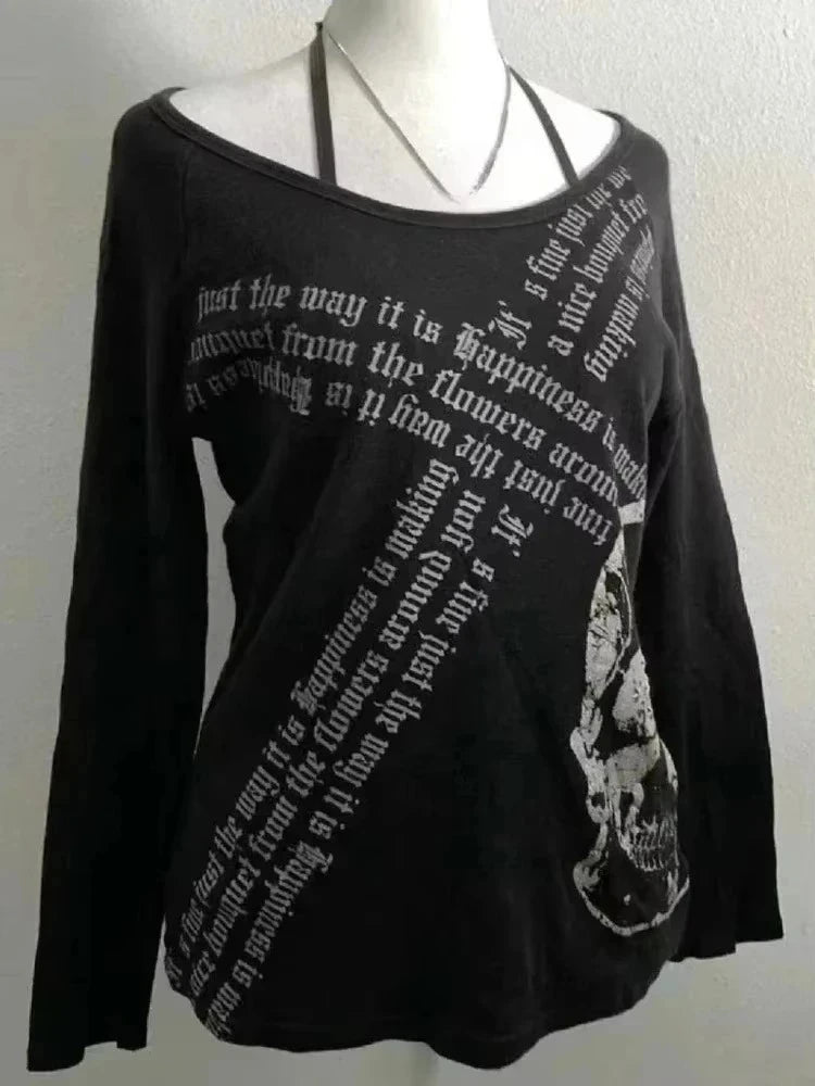 Gothic T-shirts Women Vintage Punk Y2k Crop Tops Punk Skull Black Hot Girl Tshirt Short Sleeve Fashion Street Tees Sxey Vintage