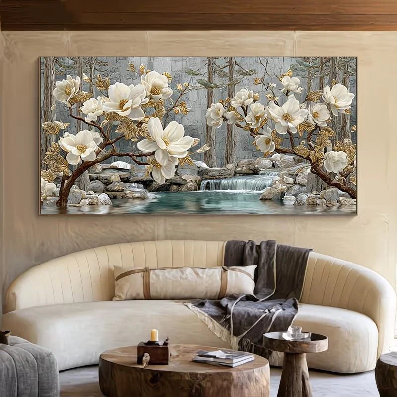 5D DIY Diamond Art Blooming White Magnolia Flowers Golden Leaves Diamond Mosaic Paintings Full Drill Diamond Embroidery Decor