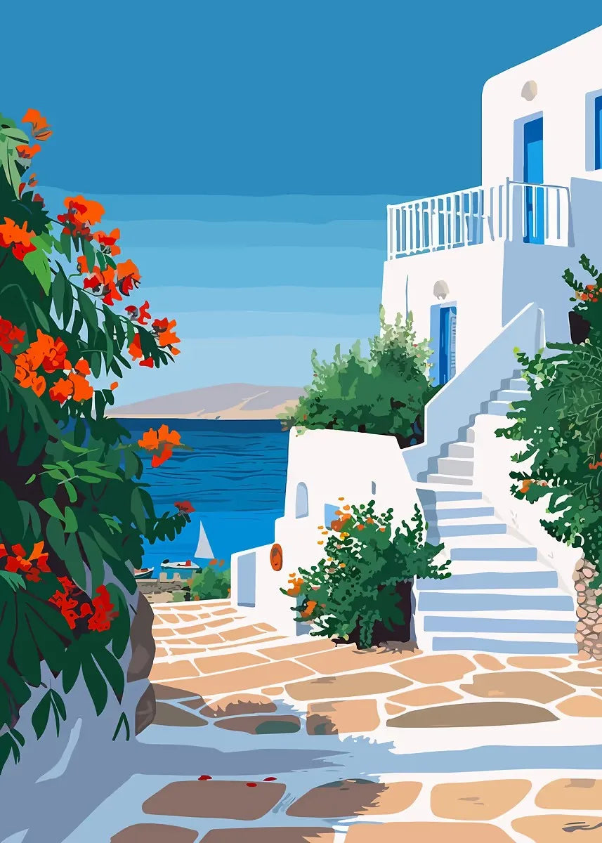DIY Oil Painting By Numbers Kits Mediterranean Santorini Greece Village Paint with NumbersHome Decor, Wall Art Perfect Gift,