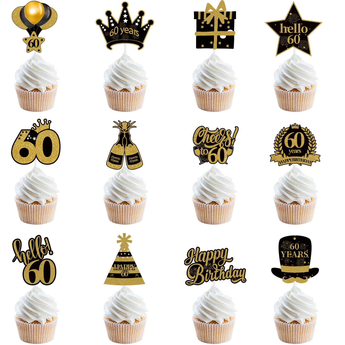 18 21 30 40 50 60 70 80th Black Gold Birthday Party Adult Cupcake Topper 30 40 50 Years Old Birthday Party Decor Anniversary