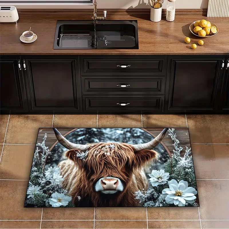 Highland Cows and Flowers Pattern Mat Non-Slip Kitchen Mat, Fashionable Home Decor for Living Rooms, Bedrooms, Hallway Entrances