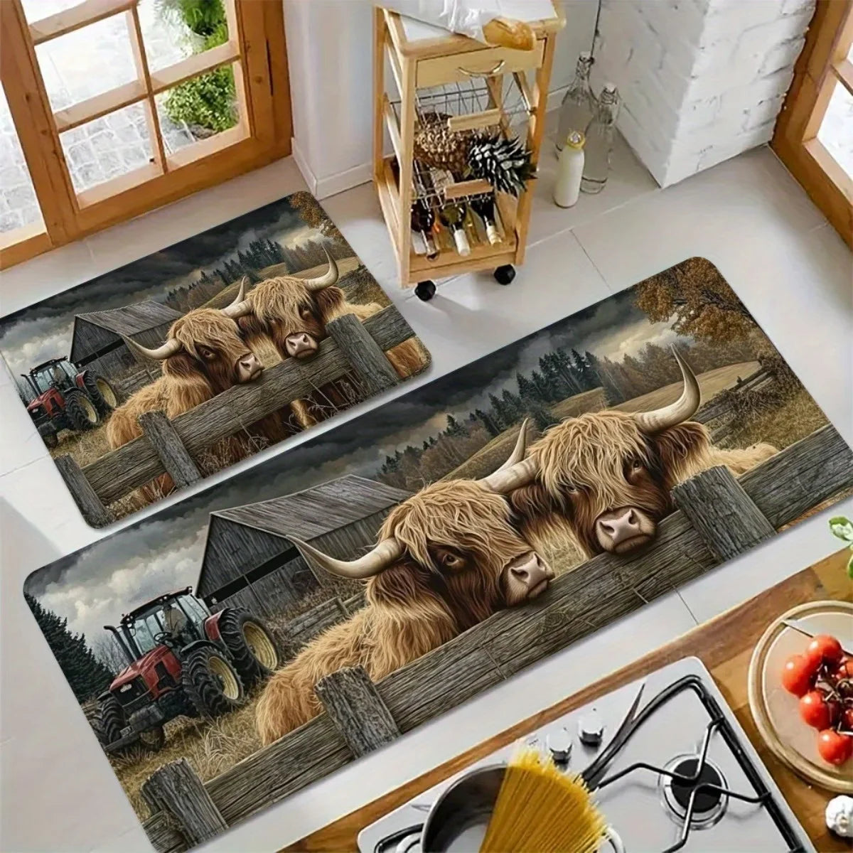 Country Style Kitchen Mat Highland Cow Anti-slip Mat for Kitchen Soft and Comfortable, Exquisite and Practical Home Decoration