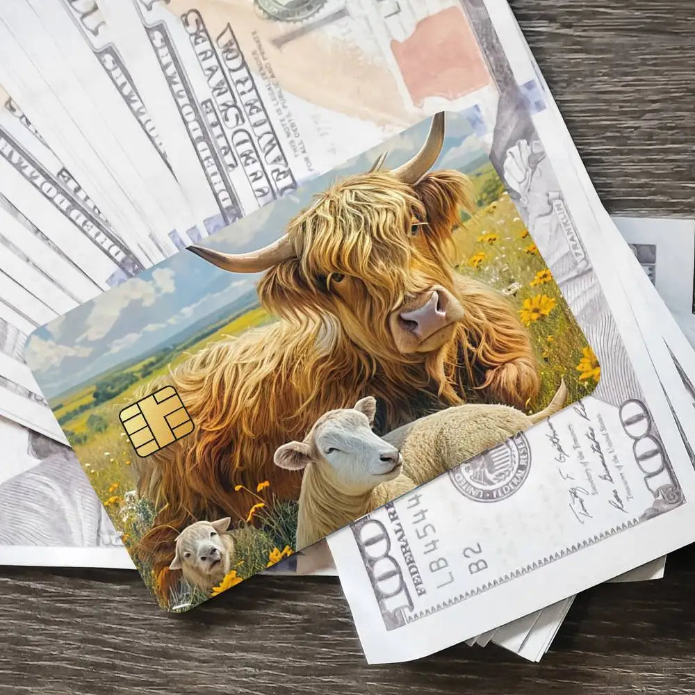 Cute Highland Cow Bank Credit Cards Bus Pass Stickers Cool Decoration Waterproof 4PCS Card