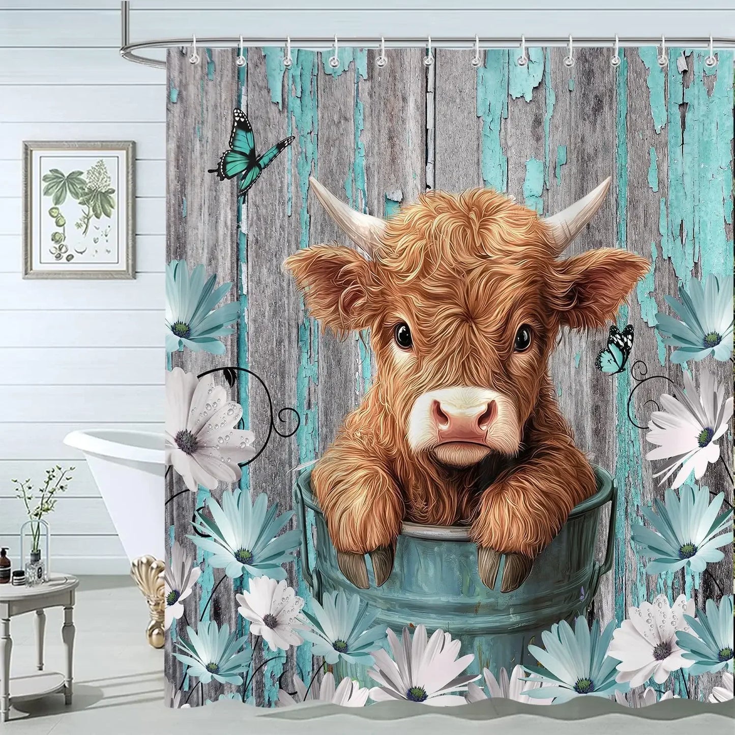 Cute Highland Cow Shower Curtain for Bathroom, Farmhouse Rustic Cow Animal Bathing in Bathtub Shower Curtains Decor Set