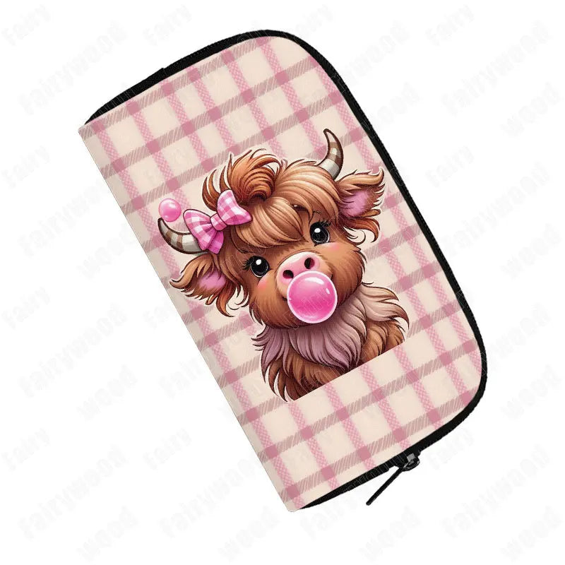Highland Cow Print wallet Baby Scottish Highland Cows Having Coffee/ Bubble Tea Women Credit Card Holder Long Wallet Money Purse