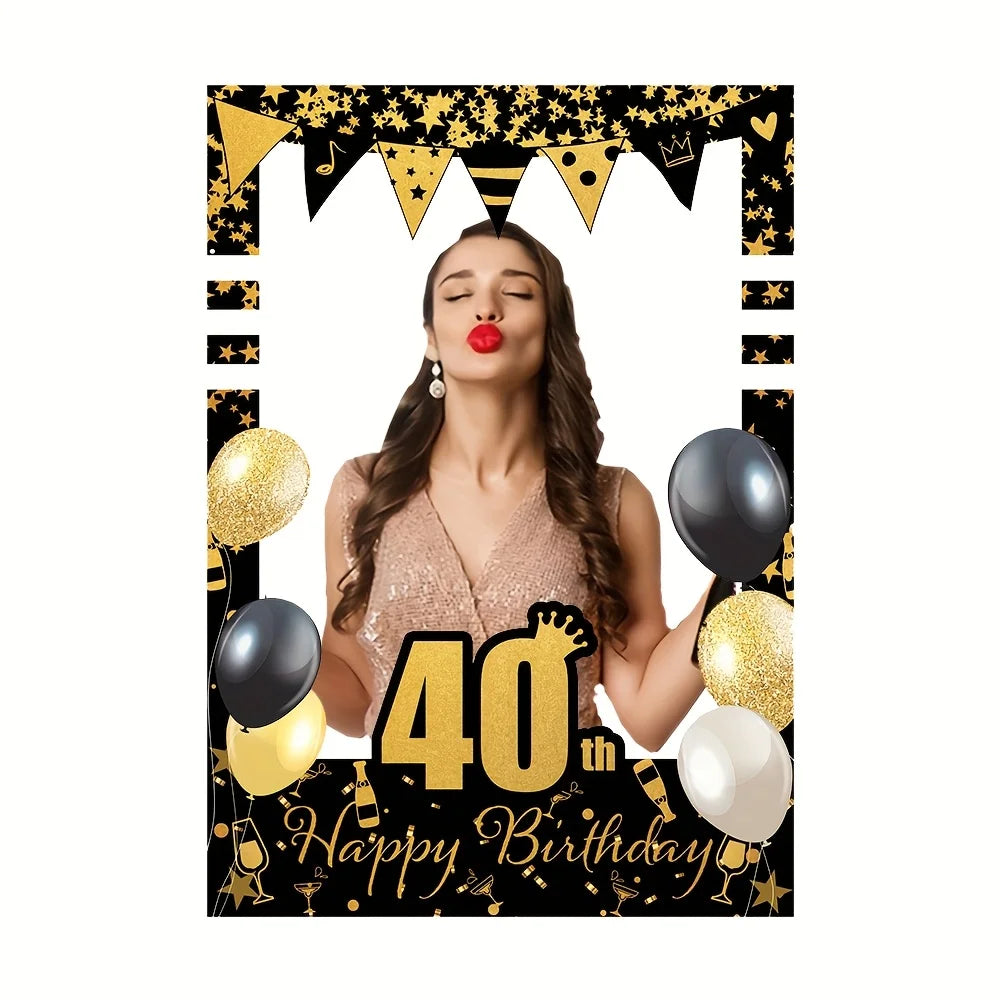 Black Gold Happy Birthday Photo Booth - 18, 21, 30, 40, 50, 60 years old. Party decoration supplies for people aged 70 and 80