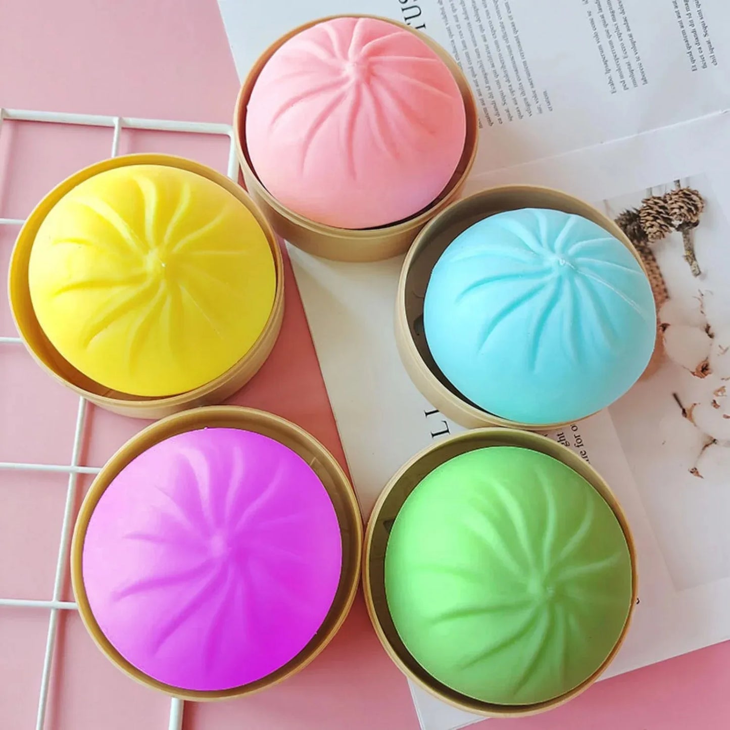 Colorful Dumpling Squishes Stress Balls Fidget Sensory Toys Simulation Food Squishies Bun with Steamer Squeeze Dough Ball Gifts