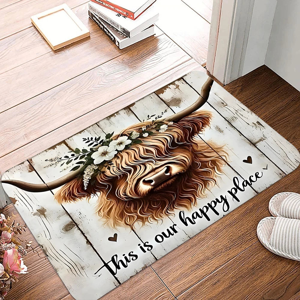 Highland Cow Pattern Door Mat, Non-slip Washable Floor Mat, Decorative Carpet for Home Kitchen Living Room Outdoor Entrance