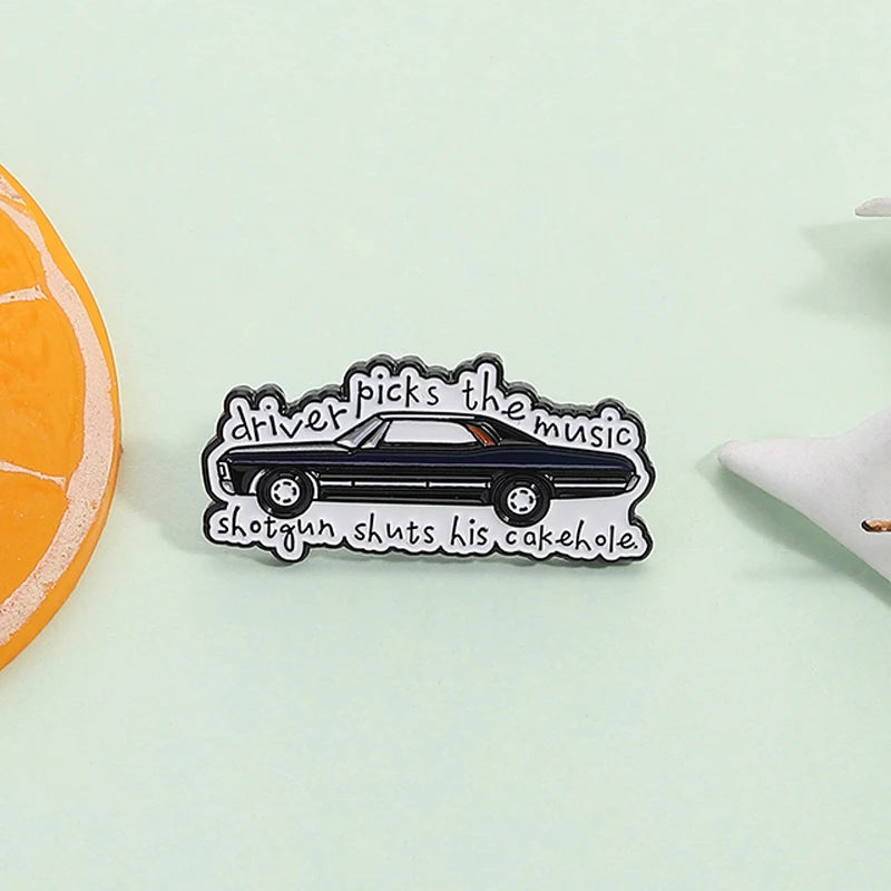 Supernatural TV Show Enamel Pin Driver Picks the Music Gun Shuts His Cakehole Metal Brooch Lapel Badge Jewelry Gift For Friends