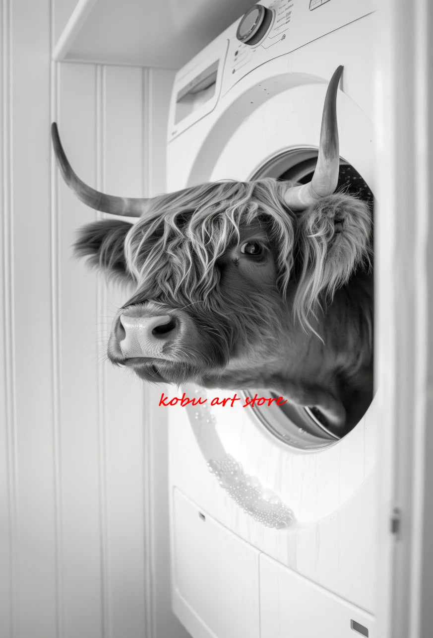 Bear Highland Cow Giraffe Animal in Washing Machine Poster Canvas Printing Wall Art Picture Fun Laundry Room Utility Room Decor