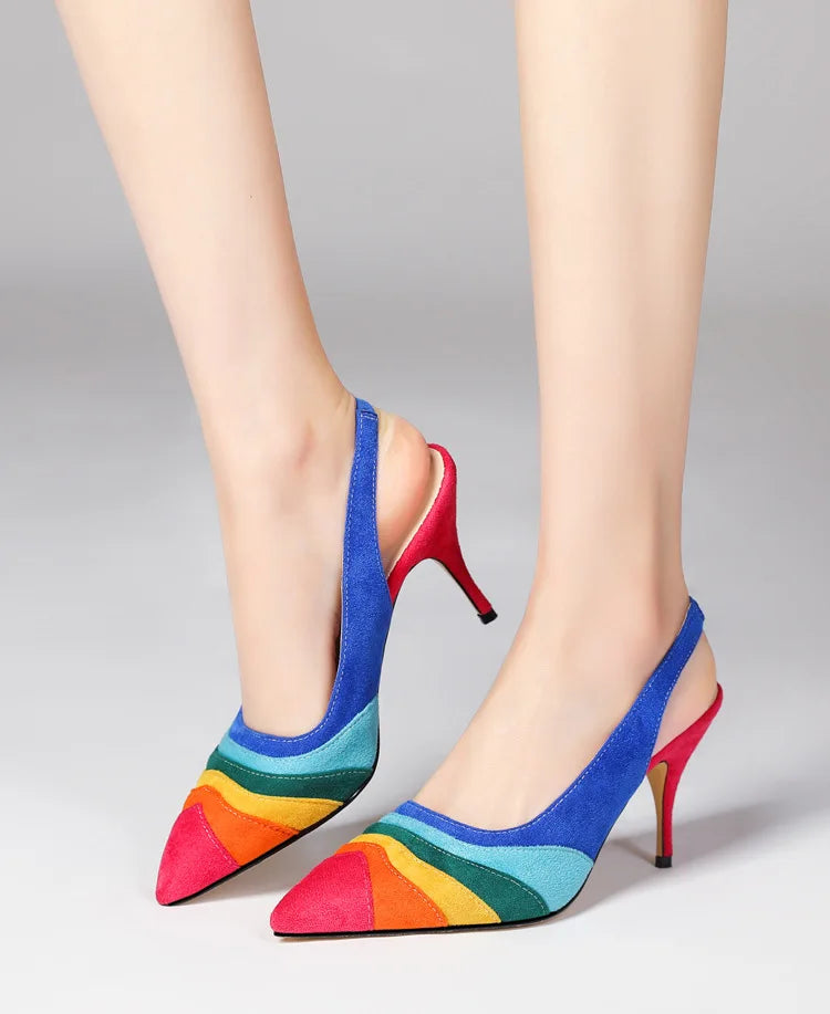 Summer New Rainbow Mixed Color 8cm High Heel Sandals  Women's French Pointed Shallow Mouth Runway Banquet Wedding Shoes size 43