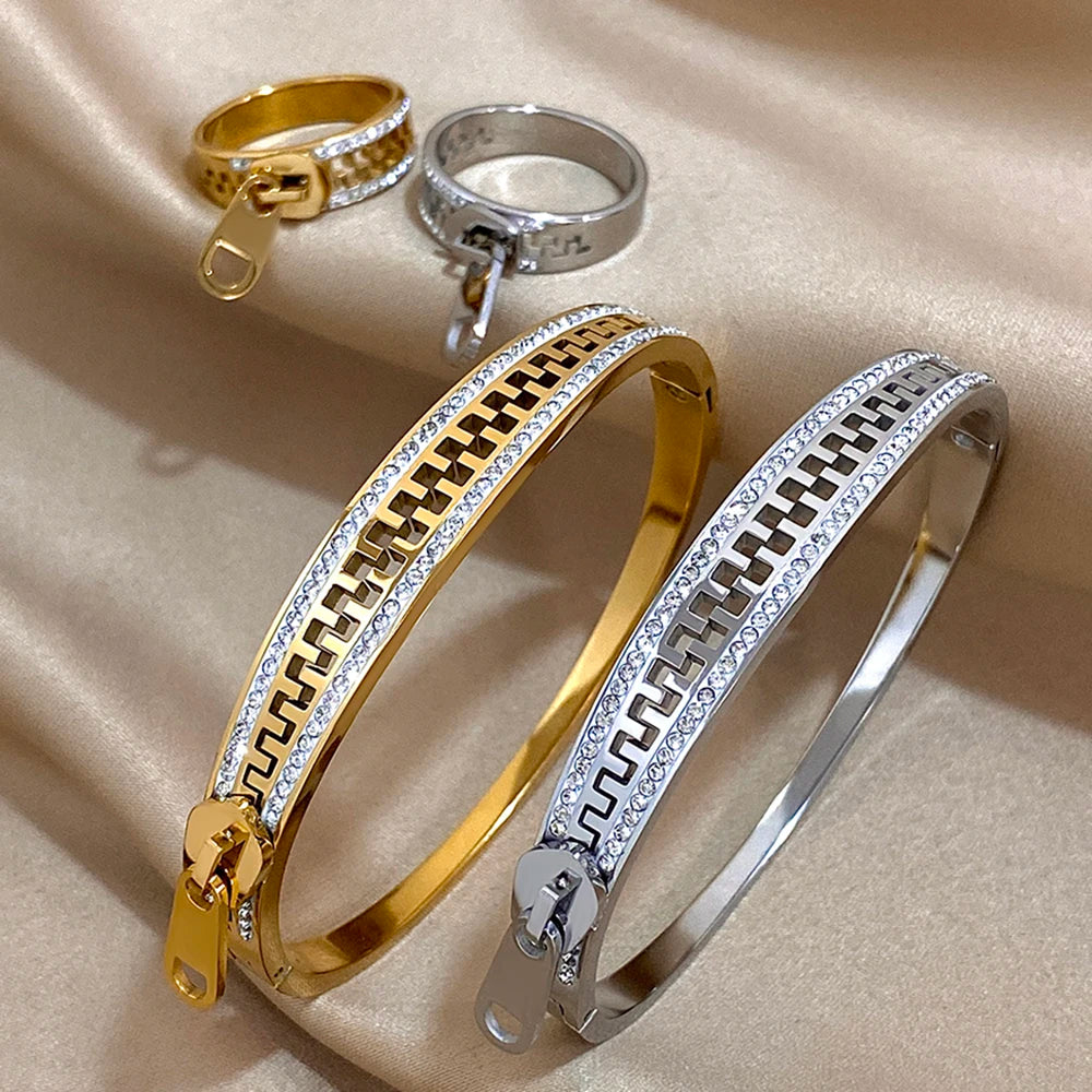 AENSOA Luxurious Zipper Style Stainless Steel Waterproof Rust Resistant Bracelets Inlaid Rhinestone Gold Plated Bracelet Bangles