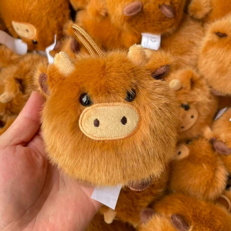 Kawaii Highland Cow Plush Pillow PP Bull Keychain Super Soft Stuffed Animal Car Ornament Cute Fur Plushie Pendant Birthday Gift
