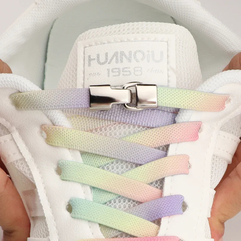 1Pair Rainbow Shoe Laces Without Ties Elastic Shoelaces Metal Buckle Lock Convenient Lazy Shoes Lace For Sneakers Accessories