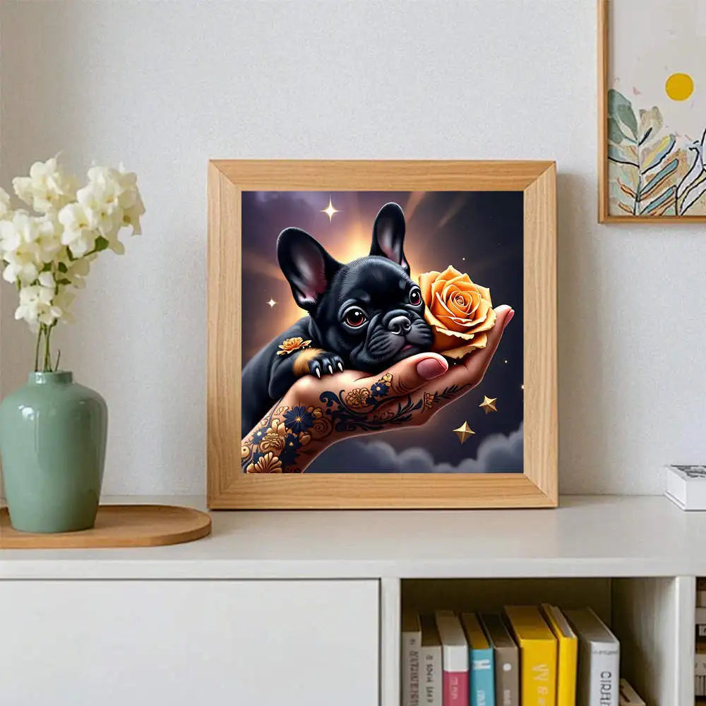 5D DIY Diamond Painting Cute French Bulldog Rose Hand Tattoo Art Crystal Round Diamond Painting Kit Home Decor