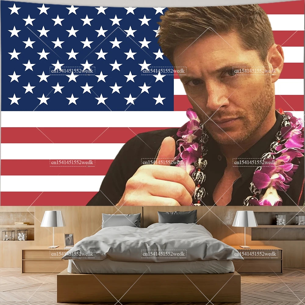 Jensen Ackles Tapestry American Flag Home Decor Wall Hanging Covering Bedroom Backdrops Outdoor Banners Decoration Gift for Fans
