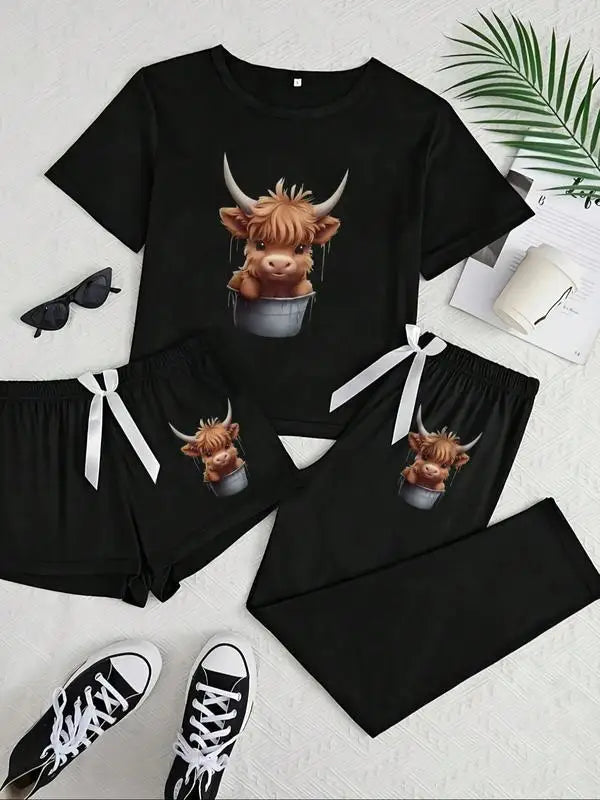 Women's Cartoon Highland Cow Print Pajama Set, 3 Piece Sleepwear Collection, Casual Fitted Nightwear for All Seasons