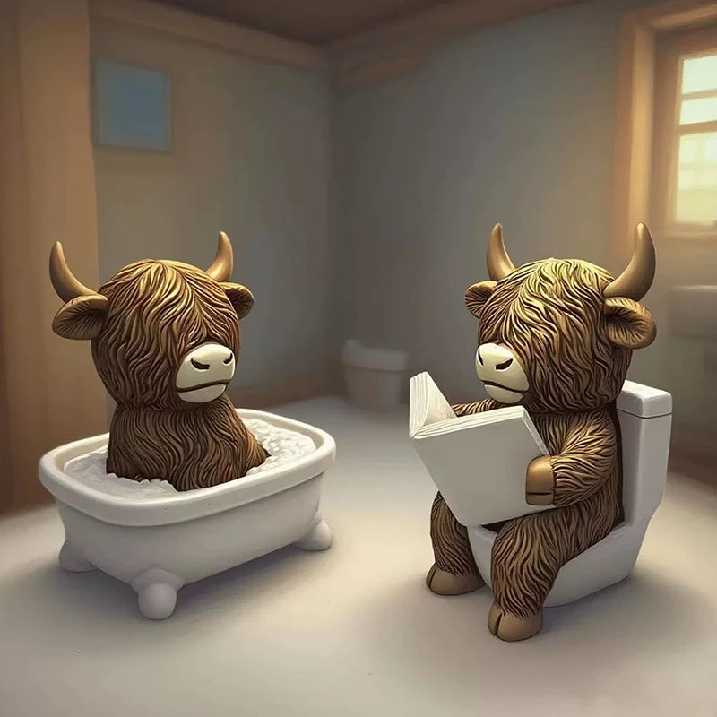 Cute Scottish Highland Cow Resin Figurines Funny Bathing & Reading Cow Statue Desk Decor For Home Bathroom Office Holiday Gift