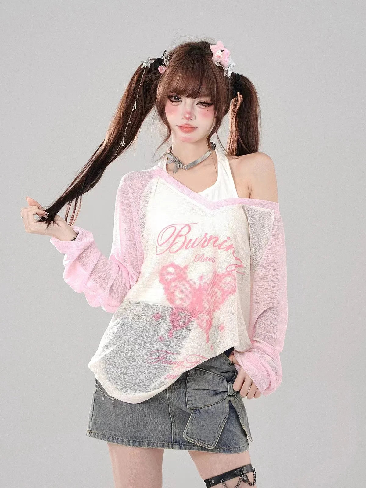 Black Gothic Graffiti Print T-shirt Women Harajuku Korean Y2k 90s Vintage Long Sleeve Emo Torn Tees Tops Autumn Clothes 2000s