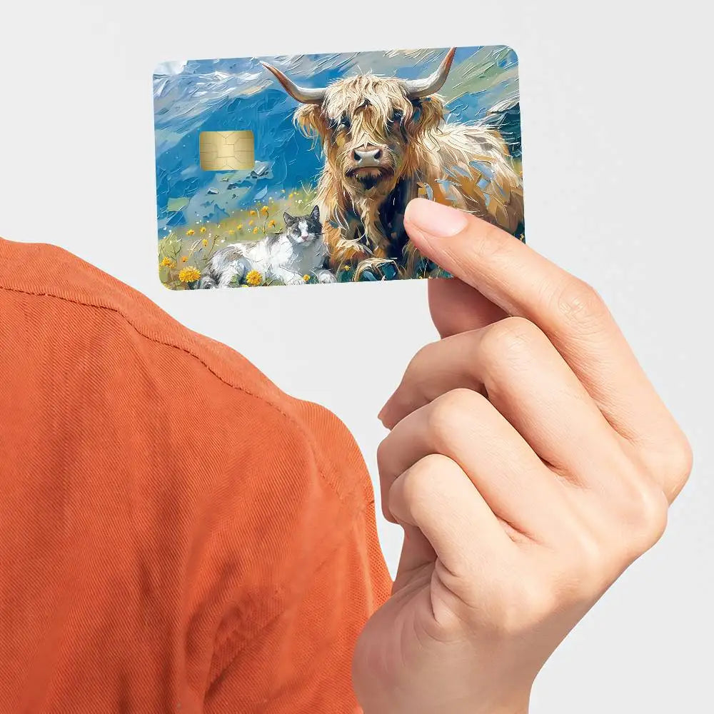 Cute Highland Cow Bank Credit Cards Bus Pass Stickers Cool Decoration Waterproof 4PCS Card