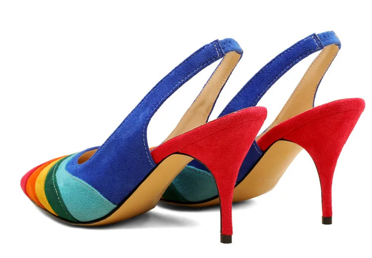 Summer New Rainbow Mixed Color 8cm High Heel Sandals  Women's French Pointed Shallow Mouth Runway Banquet Wedding Shoes size 43