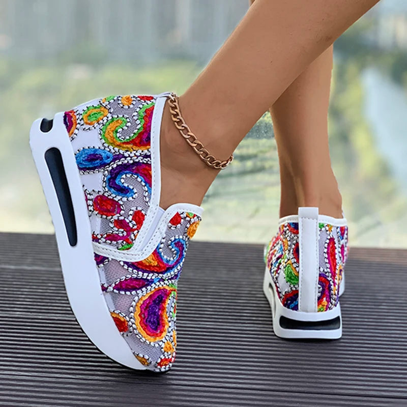 Rainbow Embroidered Platform Loafers for Women Summer Breathable Mesh Sneakers Woman Plus Size Lightweight Slip On Casual Shoes