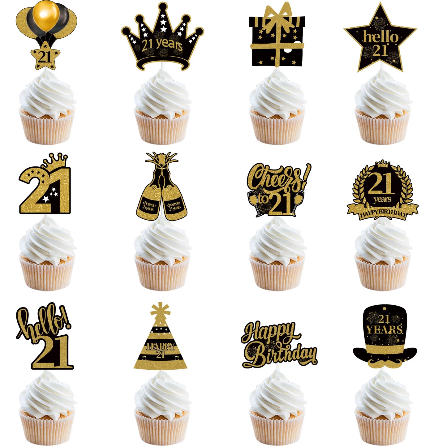 18 21 30 40 50 60 70 80th Black Gold Birthday Party Adult Cupcake Topper 30 40 50 Years Old Birthday Party Decor Anniversary