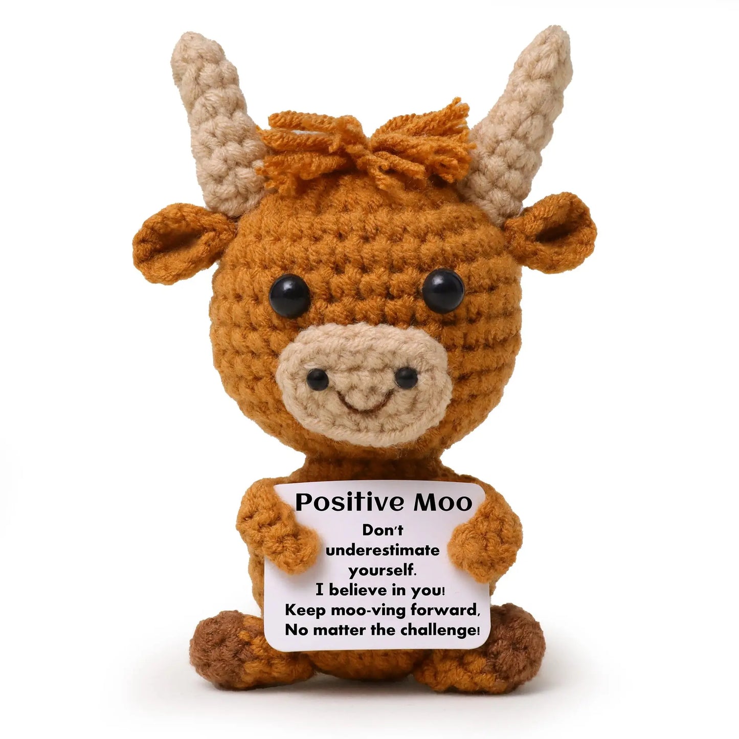 Mini Funny Positive Highland Cow Knitted Wool Cow Toy with Positive Card Creative Cute Crochet Doll Emotional Support Cheer Up