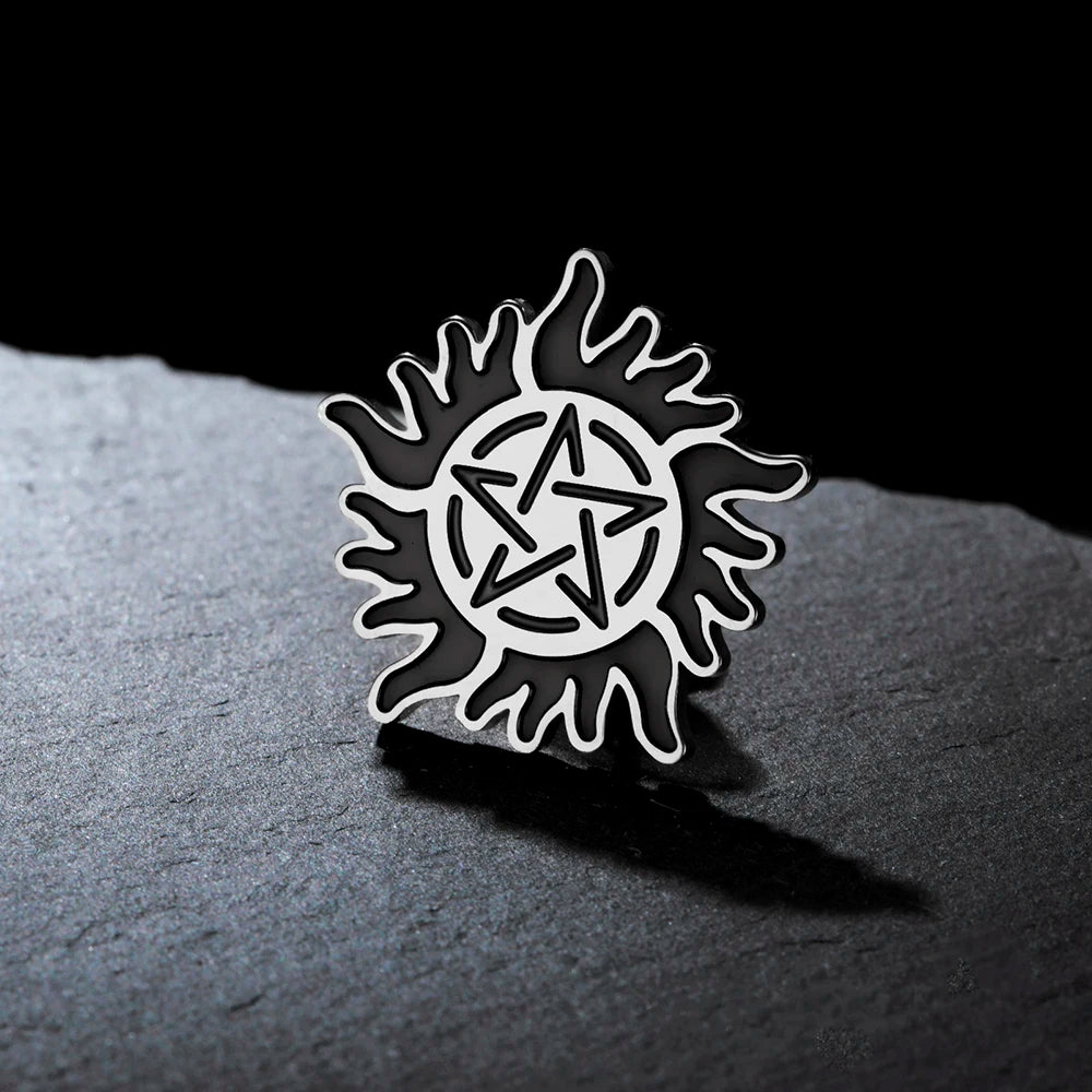 Dawapara Supernatural Anti Possession Symbol Brooch Pins Sunshine Pentagram Protection Amulet Stainless Steel Jewelry