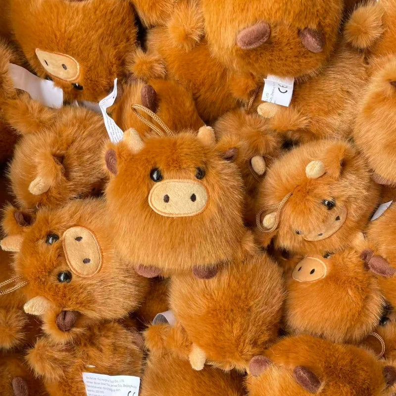 Kawaii Highland Cow Plush Pillow PP Bull Keychain Super Soft Stuffed Animal Car Ornament Cute Fur Plushie Pendant Birthday Gift